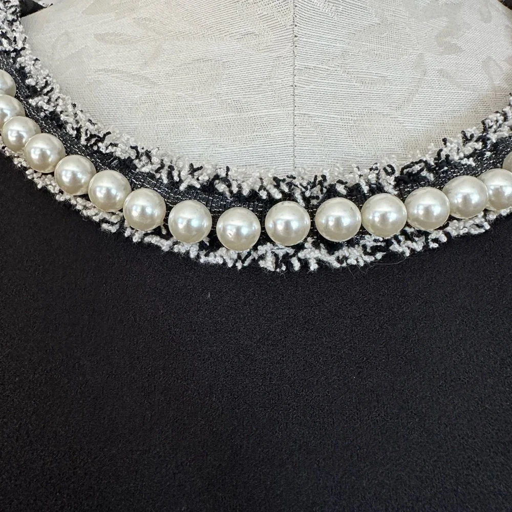 Betsey Johnson Black Dress Pearl Fringe Collar Black Cap Sleeve Ruffle Hem Sz 8 - Picture 6 of 16